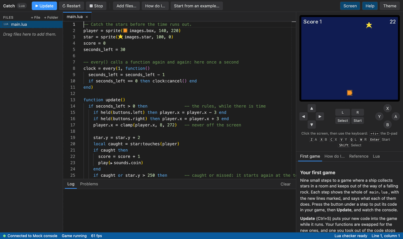 The editor in a browser: a file list on the left, Lua code for the Catch example in the middle, and on the right the console's screen with a star falling toward an orange box, on-screen buttons, and the first-game tutorial.