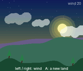 Example program: a generated landscape with hills, pine trees, clouds and a low sun.