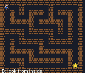 Example game: a maze of brick walls seen from above, with a small player in one corner and a star in another.