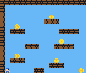 Example game: a platformer with floating brick ledges and gold coins on a blue sky.