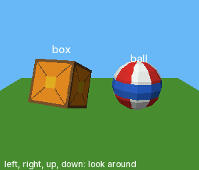 Example program: a textured box and a striped ball drawn in 3D on a green plane.
